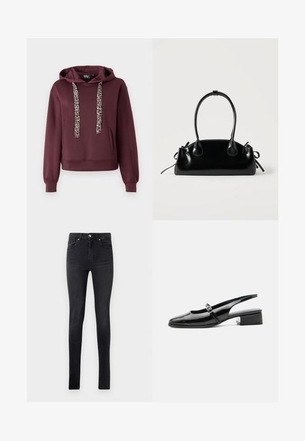 Μαρινί hoodie με κορδόνια σε λεοπάρ σχέδιο, μπροστινής τσέπης και ριμπ μανσέτες. Φτιαγμένο από μαλακό, ελαστικό υλικό για άνεση.; Μαύρα στενά τζιν παντελόνια με πέντε τσέπες και κουμπί στη μέση, εκτεθειμένα σε λευκό φόντο.; Μαύρο παπούτσι slingback από λουστρίνι με χαμηλό τετράγωνο τακούνι και λεπτό λουράκι με ασημένια αγκράφα στο πάνω μέρος.; Μικρή μαύρη γυαλιστερή τσάντα με δύο μακριές λαβές και λεπτομέρειες με ρυθμιζόμενο κορδόνι στο πλάι σε απλό ανοιχτό φόντο.