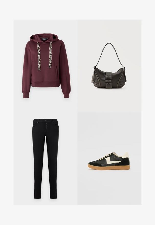 Sweat à capuche bordeaux avec des cordons de serrage en imprimé léopard, une poche centrale et des poignets côtelés. Fabriqué en matière douce et extensible pour un maximum de confort.; Jean en denim noir avec une coupe slim, cinq poches et un bouton. Présente une texture lisse et des lignes épurées.; Baskets en daim et cuir noir avec un swoosh latéral crème et un talon crème clair. Dotées de lacets beige et d'une semelle en caoutchouc gomme.; Sac à épaule en cuir noir avec une sangle à boucle, des bords arrondis et des coutures blanches contrastées sur un fond uni.