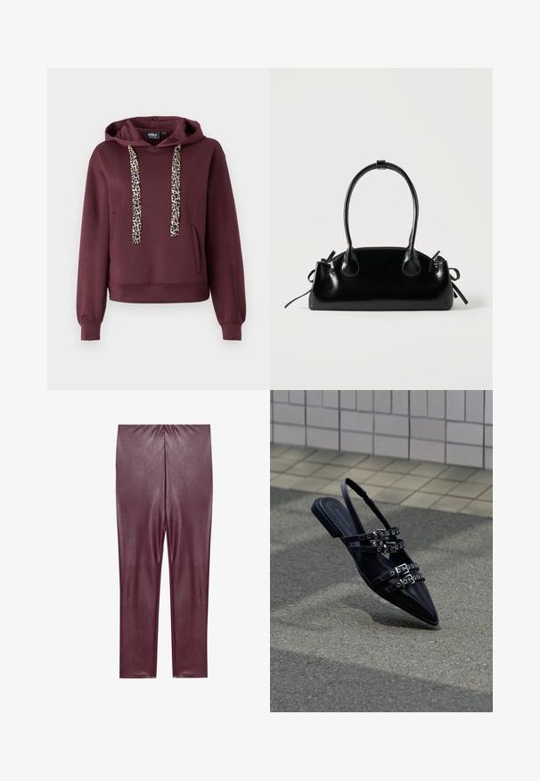 Μαρινί hoodie με κορδόνια σε λεοπάρ σχέδιο, μπροστινής τσέπης και ριμπ μανσέτες. Φτιαγμένο από μαλακό, ελαστικό υλικό για άνεση.; Βουργουνδίας ψεύτικο δερμάτινο κολάν με λεία υφή, ψηλή μέση και εφαρμοστή σχεδίαση, που επεκτείνεται έως τους αστραγάλους χωρίς επιπλέον λεπτομέρειες.; Μαύρο επίπεδο σανδάλι με μυτερή μύτη, πολλαπλές λουρίδες με αγκράφες και λουράκι στο πίσω μέρος, τοποθετημένο πάνω από πλακόστρωτη επιφάνεια και φόντο με πλακάκια.; Μικρή μαύρη γυαλιστερή τσάντα με δύο μακριές λαβές και λεπτομέρειες με ρυθμιζόμενο κορδόνι στο πλάι σε απλό ανοιχτό φόντο.