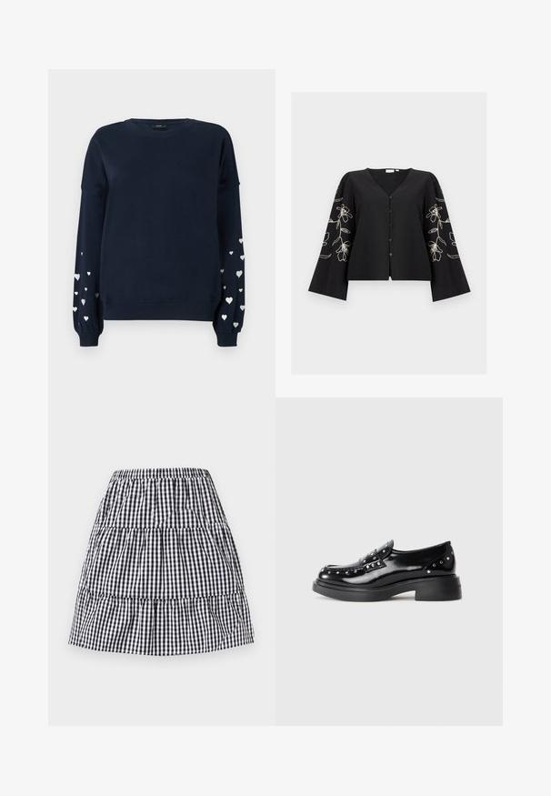 Marineblauwe sweatshirt met lange mouwen, voorzien van verspreide zilveren hartpatronen op de mouwen, ribgebreide manchetten en ronde halslijn.; Zwarte blouse met lange mouwen en knopen, een V-hals en witte bloemrijke borduursels op brede, licht opgepofte mouwen.; Zwart-witte geruite gesmokte rok met een elastische tailleband, kniehoogte en een licht uitlopende silhouet.; Zwarte gepatineerde leren instappers met decoratieve zilveren studs, ronde neus, lage blokhak en een gladde, glanzende textuur.
