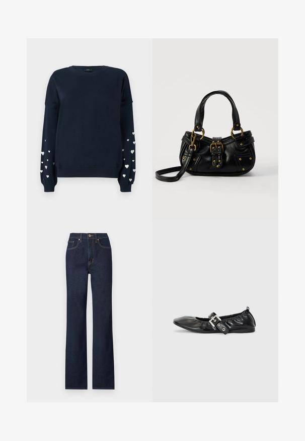 Marineblå sweatshirt med lange ærmer, der har spredte sølvfarvede hjerter på ærmerne, ribbede manchetter og rund halsudskæring.; Mørkeblå denim jeans med lige ben, featuring en frontlukning med knap, fem lommer og kontrasterende syninger.; Sorte læder flade sko med spids tå, samling detaljer omkring åbningen, og en sølv spænde accent på den justerbare rem.; Sort læderhåndtaske med guldbælge og nitdetaljer, korte håndtag og en justerbar skulderrem på en ensfarvet hvid baggrund.