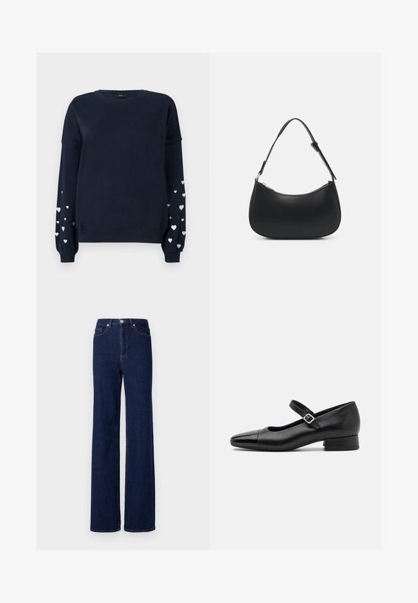 Marineblauwe sweatshirt met lange mouwen, voorzien van verspreide zilveren hartpatronen op de mouwen, ribgebreide manchetten en ronde halslijn.; Donkerblauwe denim jeans met een hoge taille, wijde pijpen en een klassieke vijf-pocket stijl. Afgewerkt met contrasterende stiksels en een metalen knoop.; Zwarte leren Mary Jane schoenen met een gepatenteerde neus, verstelbare enkelband en lage blokhak. Een gladde textuur en een elegante uitstraling.; Pieces PCALUANA SHOULDER BAG - Handtas - black