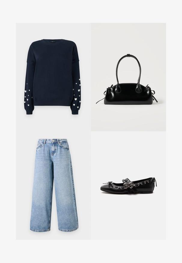 Marineblå sweatshirt med lange ærmer, der har spredte sølvfarvede hjerter på ærmerne, ribbede manchetter og rund halsudskæring.; Lyseblå bredbenede jeans lavet af denim, med høj talje, lynlås og fem lomme-design. Syninger er synlige langs benene.; Sort flad balletsko med dobbelt spænde, sølvøjer og en lille sløjfe nær den runde tå på en hvid baggrund.; Lille sort blank håndtaske med to lange håndtag og snøre-detaljer i siden på en ensfarvet lys baggrund.