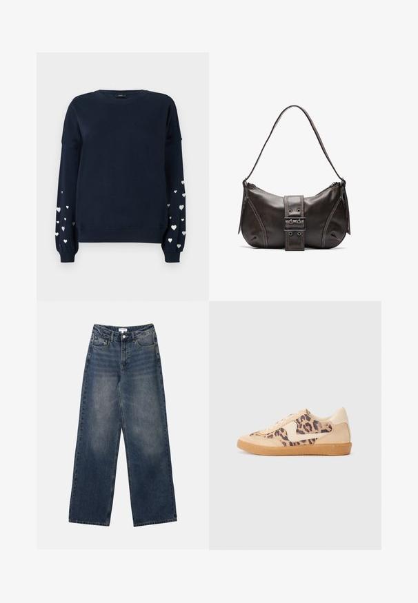 Marineblå sweatshirt med lange ærmer, der har spredte sølvfarvede hjerter på ærmerne, ribbede manchetter og rund halsudskæring.; Mænds højtaljede blå denim jeans med brede ben, frontknap og lynlås samt for- og baglommer.; Leopardprint sneakers med beige ruskindsoverdel, tan gummisål og hvide detaljer. Rund pegefinger og snørebåndsdesign med en tekstureret finish.; Brun læder skuldertaske med en buet form, der har et fremtrædende spænde, kontrasterende syninger og en enkelt skulderrem.