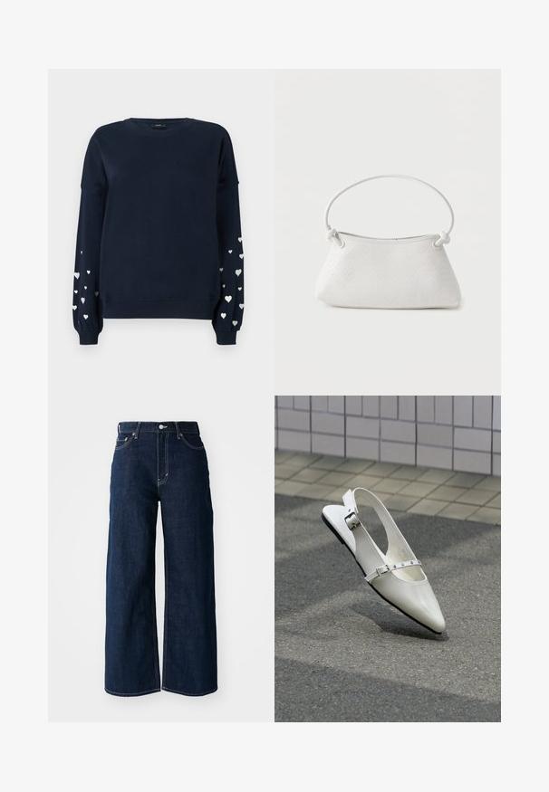 Sudadera de color navy con mangas largas, decorada con patrones de corazones plateados dispersos en las mangas, puños acanalados y cuello redondo.; Vaqueros de mezclilla oscuros de pierna ancha con costuras de contraste, diseño de cinco bolsillos y cierre de botón en la cintura.; Zapato plano blanco con punta puntiaguda y diseño slingback con dos hebillas plateadas, mostrado al aire libre sobre un suelo texturizado y fondo de pared con azulejos.; Bolso de mano de cuero blanco tejido con asa redondeada y extremos de la correa anudados, exhibido sobre un fondo liso.