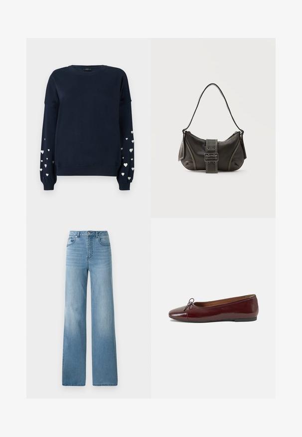 Marineblå sweatshirt med lange ærmer, der har spredte sølvfarvede hjerter på ærmerne, ribbede manchetter og rund halsudskæring.; Lyseblå højtaljede jeans med lige ben. Fremstillet af denim, med fem lommer og knaplukning.; Bordeaux patentlæder balletflad med rund tå, lille sløjfeaccent foran og en lav, sort gummisål. Glat tekstur.; Sort læder skuldertaske med spænde på remmen, afrundede kanter og kontrasterende hvide syninger på en ensfarvet baggrund.