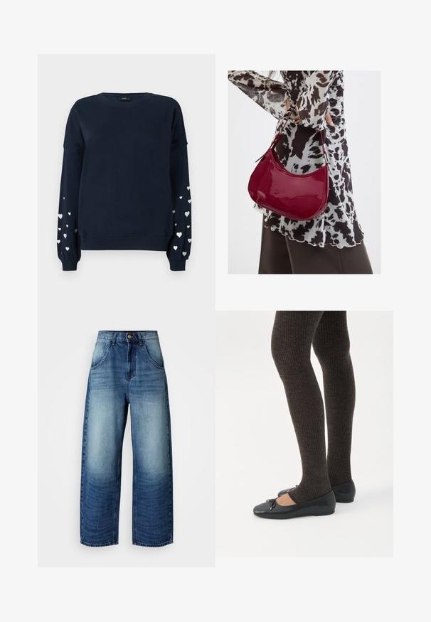 Marineblauwe sweatshirt met lange mouwen, voorzien van verspreide zilveren hartpatronen op de mouwen, ribgebreide manchetten en ronde halslijn.; Brede blauwe denim jeans met een lichte naar donkere gradient. Voorzien van voorzakken en een klassieke knoopsluiting. Gladde textuur, relaxte pasvorm.; Benen met donkere geribbelde leggings gecombineerd met zwarte ballerina's met kleine strikdetails op een witte achtergrond.; Vrouw met een zwart-wit gebloemde blouse houdt een glanzende rode schoudertas vast tegen een effen achtergrond.