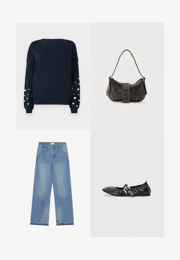 Marineblauwe sweatshirt met lange mouwen, voorzien van verspreide zilveren hartpatronen op de mouwen, ribgebreide manchetten en ronde halslijn.; Lichtblauwe hoge taille wijde jeans met een knoopsluiting, voorzakken, riemlussen en subtiele vervaagde details.; Zwarte leren platte schoen met een spitse neus, geplooide details rond de opening en een zilveren gespaccentueerde verstelbare band.; Zwarte leren schoudertas met gespsluiting aan de riem, afgeronde hoeken en contrasterende witte stiksels op een effen achtergrond.