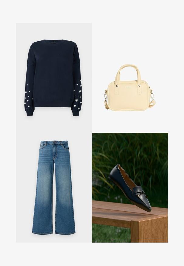 Marineblauwe sweatshirt met lange mouwen, voorzien van verspreide zilveren hartpatronen op de mouwen, ribgebreide manchetten en ronde halslijn.; Wijde spijkerbroek van blauw denim met een vervaagde afwerking, vijf-pocket ontwerp en standaard tailleband met een metalen knoop en ritsluiting.; Zwarte leren loafer met een strikdetail die boven een houten bankje zweeft, met groen gras en planten op de achtergrond.; Crèmekleurige rechthoekige handtas met dubbele handvatten, afneembare schouderriem en subtiel reliëflogo op het voorste midden.