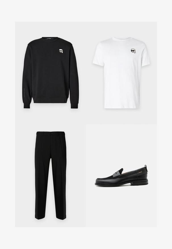 Schwarzes Sweatshirt mit Rundhalsausschnitt, gerippten Bündchen und Saum. Verfügt über eine kleine Grafik auf der Brust und den Markennamen, der auf dem Ärmel gedruckt ist.; Weiße Baumwoll-T-Shirt mit einem kleinen schwarz-weißen Grafikdesign auf der linken Brustseite. Klassischer Rundhalsausschnitt und kurze Ärmel.; Schwarze Hosen aus glattem Stoff, mit geradem Schnitt, zwei vorderen Taschen und einem Reißverschluss mit Knopfverschluss.; Schwarzer Lederloafer mit grauem Riemendetail, niedrigem Absatz und strukturierter Sohle, seitlich mit „HUGO“ in Gold gebrandmarkt.
