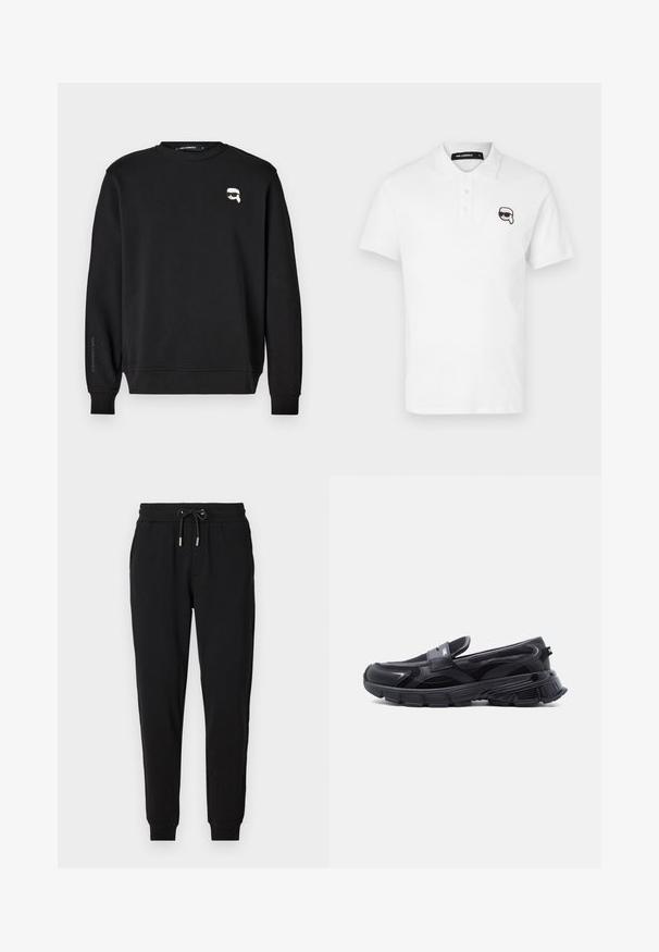 Sudadera negra con cuello redondo, puños y bajo acanalados. Presenta un pequeño gráfico en el pecho y el nombre de la marca impreso en la manga.; Camisa polo blanca de manga corta, con tapeta de tres botones y un logotipo de dibujo animado bordado en negro en el lado izquierdo del pecho.; Pantalones deportivos negros con cintura elástica, cordón ajustable, bolsillos laterales y piernas ajustadas. Fabricados con un tejido suave y elástico.; Zapatilla negra sin cordones con suela gruesa y texturizada y paneles de malla, diseñada para uso casual y deportivo.