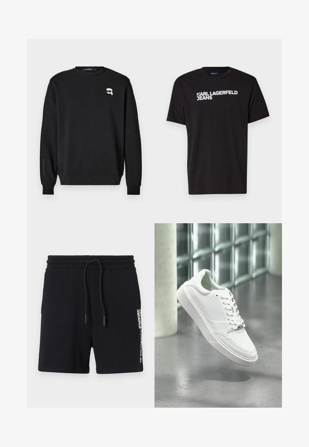 Sort sweatshirt med rund halsudskæring, ribbede manchetter og smæk. Har et lille grafisk motiv på brystet og mærkets navn trykt påærmet.; Sort bomuld T-shirt med kortærmer og rundt udskæring, med hvid tekst "KARL LAGERFELD JEANS" diagonalt henover fronten.; Sorte bomulds shorts med snoretræk i taljen, prydet med et hvidt logo print på siden og en glat overflade. Klassisk design.; Hvid sneakers i læder med rundet snude, snørelukning foran og flad gummisål. Har perforerede detaljer og subtilt logoaccent.