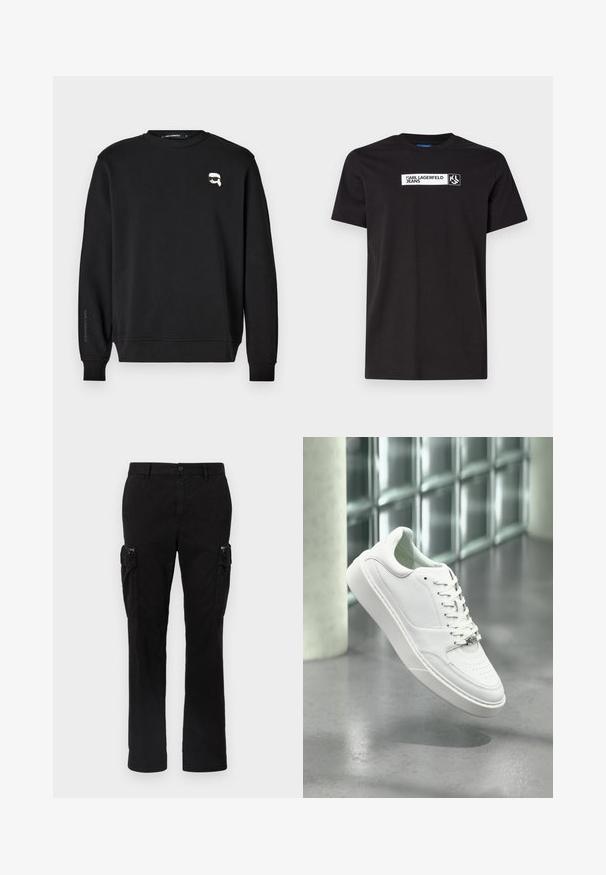 Sort sweatshirt med rund halsudskæring, ribbede manchetter og smæk. Har et lille grafisk motiv på brystet og mærkets navn trykt påærmet.; Sort bomulds T-shirt med korte ærmer, der har en hvid tekstgrafik med påskriften "KARL LAGERFELD JEANS" og et logo, rund halsudskæring.; Sorte cargo-bukser lavet af bomuld, med to sidelommer, lige ben-design og synlige stikninger på sømmene.; Hvid sneakers i læder med rundet snude, snørelukning foran og flad gummisål. Har perforerede detaljer og subtilt logoaccent.