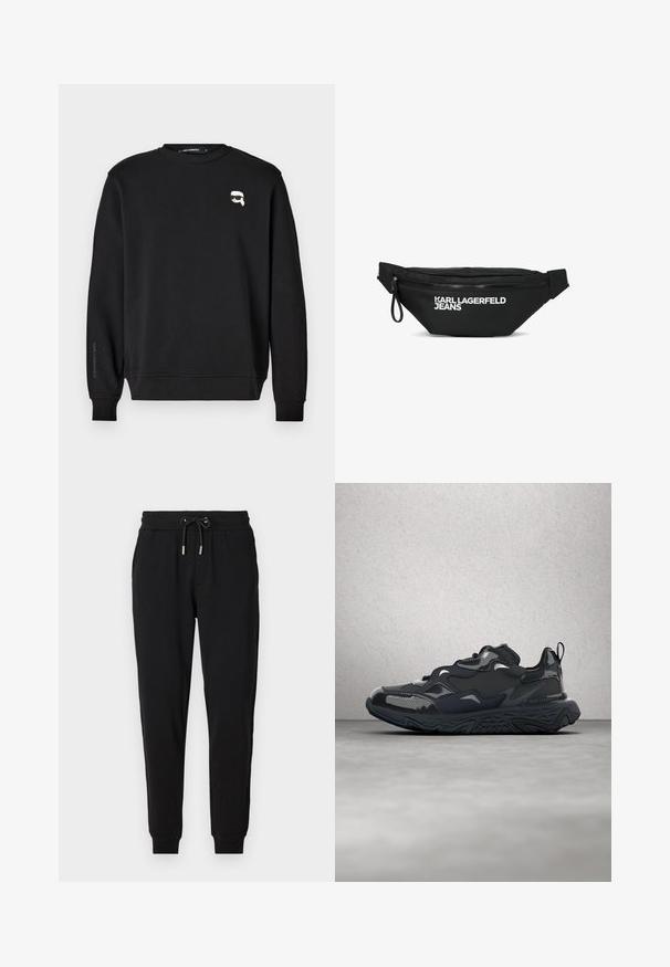 Sort sweatshirt med rund halsudskæring, ribbede manchetter og smæk. Har et lille grafisk motiv på brystet og mærkets navn trykt påærmet.; Sorte sweatpants med elastisk talje, justerbar snor, sidelommer og tapered ben. Fremstillet af blødt, strækbart stof.; Sort løbesko med tekstureret overdel, glatte detaljer og en chunky sål med bølgemønster, designet for komfort og holdbarhed.; Sort talje taske med lynlås og hvid "KARL LAGERFELD JEANS" logo på fronten og justerbar strop på begge sider.