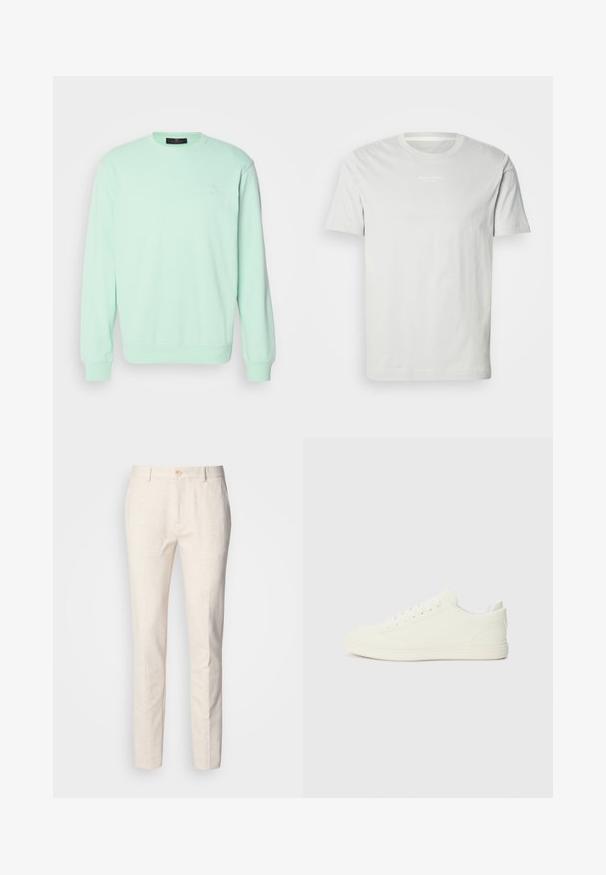 Sweatshirt vert menthe en tissu doux, avec un col rond, des manches longues et un petit logo sur la poitrine.; T-shirt en coton blanc à manches courtes, col rond et petit logo sur la poitrine. Texture douce et coupe classique. Pas de motifs.; Pantalons ajustés de couleur beige clair fabriqués en tissu doux. Ils disposent d'une fermeture à bouton, de passants de ceinture et d'une coupe slim avec des jambes droites et une texture minimale.; Baskets blanches avec une tige à texture lisse, bout arrondi et laçage traditionnel, arborant un design minimaliste et une semelle en caoutchouc.