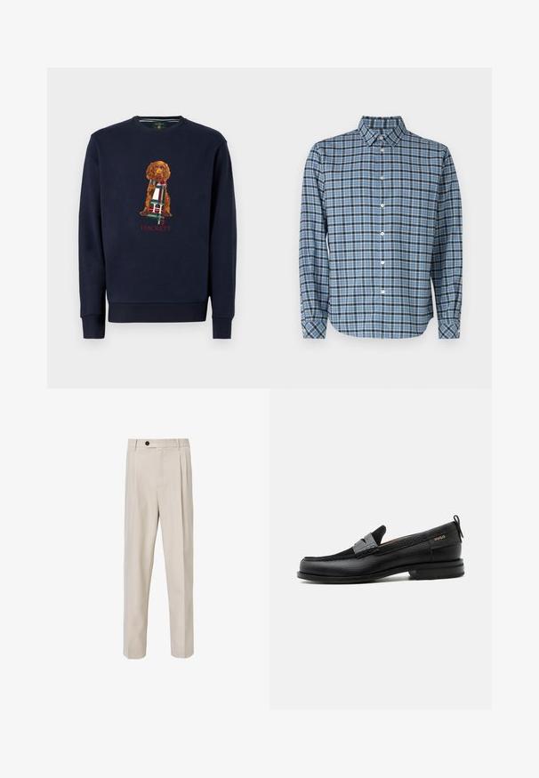 Sweatshirt marine à manches longues avec un chien brun tenant une écharpe à carreaux ; texte "Hackett" en rouge sous le design. Matériau en coton doux.; Chemise boutonnée en coton tissé, motif tartan bleu et noir, à manches longues, avec col, boutons blancs et poignets ajustables.; Pantalons taillés beiges avec une coupe droite, dotés de plis à l'avant, d'une fermeture avec bouton et d'une texture de tissu lisse.; Mocassin en cuir noir avec détail de bride grise, talon bas et semelle texturée, marqué "HUGO" en or sur le côté.