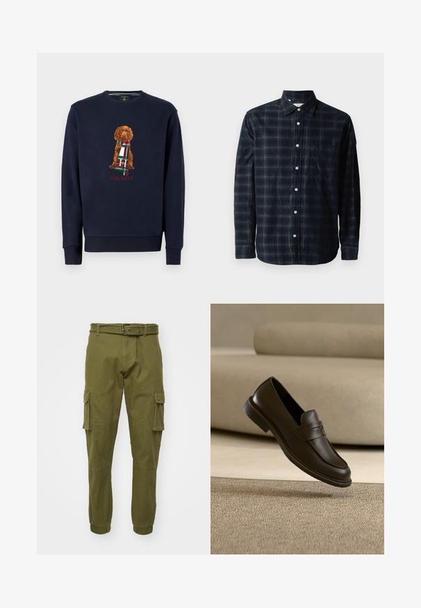 Marine sweatshirt med lange ærmer, der har en brun hund, der holder et ternet tørklæde; "Hackett" tekst nedenfor designet i rødt. Blødt bomuldsstof.; Mørkeblå langærmet skjorte i ternet mønster med krave der kan knaples, forkert lomme og hvide knapper på en tekstureret stof.; Olivengrøn cargobukser lavet af bomuld, med en talje med bælte, sidelommer, elastiske manchetter og lige ben.; En enkelt mørkebrun læderloafer svæver over et beige, tekstureret tæppe, med en sløret beige sofa i baggrunden.
