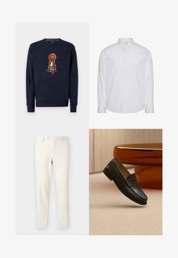 Marine sweatshirt med lange ærmer, der har en brun hund, der holder et ternet tørklæde; "Hackett" tekst nedenfor designet i rødt. Blødt bomuldsstof.; Hvid langærmet skjorte med knapper lavet af bomuld. Har en standardkrave, frontplade med knapper og afrundet kant. Diskret mærkelogo.; Lys beige bukser lavet af glat stof. Har en frontlynlås, knaplukning og vinklet sidelommer med et slim fit design.; Sort læder loafer-sko hængende over beige tæppe med ravfarvet moderne møblement i baggrunden.