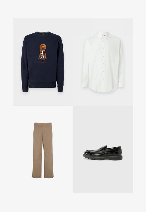 Marineblaues Sweatshirt mit langen Ärmeln, das einen braunen Hund zeigt, der einen karierten Schal hält; darunter der Text "Hackett" in Rot. Weiches Baumwollmaterial.; Weißes Hemd mit langen Ärmeln, Knopfleiste vorne, klassischem Kragen und Manschetten, auf hellem einfarbigem Hintergrund präsentiert.; Beige Baumwollhose mit geradem Bein, ausgestattet mit einem Standardbund, einem vorderen Reißverschluss und einer einzigen Gesäßtasche.; Schwarze Lederloafer mit glanzendem Finish, abgerundetem Zehenbereich, subtilen Steppnähten und einer dicken Gummisohle für Langlebigkeit.