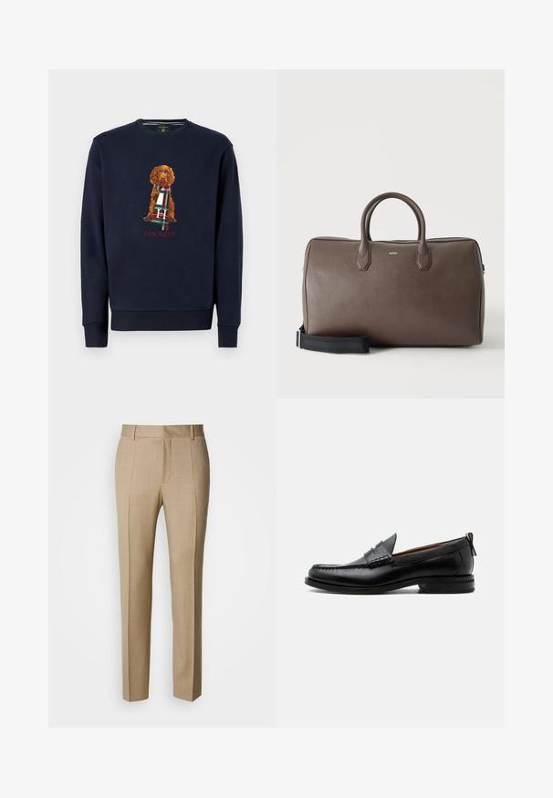 Sweatshirt marine à manches longues avec un chien brun tenant une écharpe à carreaux ; texte "Hackett" en rouge sous le design. Matériau en coton doux.; Pantalon beige sur mesure en tissu texturé, à front plat et jambes droites. Comprend des poches latérales et des passants pour ceinture, offrant un look élégant.; Mocassin homme en cuir noir avec couture moc toe, bride penny, col texturé et petit talon empilé sur fond blanc.; Sac de sport en cuir marron avec deux poignées, une bandoulière noire réglable et un petit logo "BOSS" au centre à l'avant.