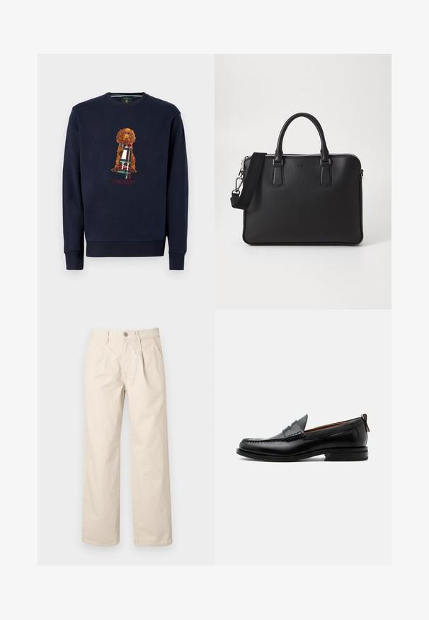 Marine sweatshirt med lange ærmer, der har en brun hund, der holder et ternet tørklæde; "Hackett" tekst nedenfor designet i rødt. Blødt bomuldsstof.; Beige brede bukser med høj talje, der har folder foran, en knappelukning foran og et glat bomuldsstof.; Sort læder herre loafer med moc-tå syning, penny strop, struktureret krave og lav stablet hæl på hvid baggrund.; Sort lædertaske med struktureret overflade, doble håndtag og en aftagelig skulderrem. Har sølvfarvede lynlåse og minimalistiske designelementer.