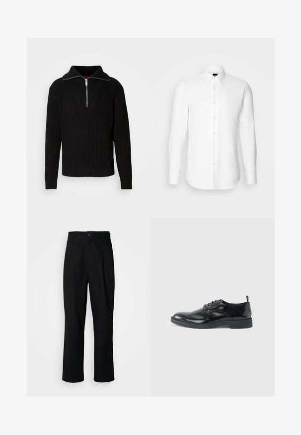 Pull noir à côtes avec un col haut et une fermeture éclair courte. Présente un tissu texturé et des poignets ajustés, offrant une silhouette structurée.; Chemise blanche à manches longues, boutonnée sur le devant, col classique, fabriquée en tissu lisse avec une texture subtile, conçue pour une coupe ajustée.; Pantalons noirs à jambes droites avec une taille à bouton, passants de ceinture et pli avant, présentés sur un fond blanc uni.; Chaussure habillée en cuir noir brillant avec un petit talon, fermeture à lacets et bout rond, vue de côté sur un fond uni et clair.