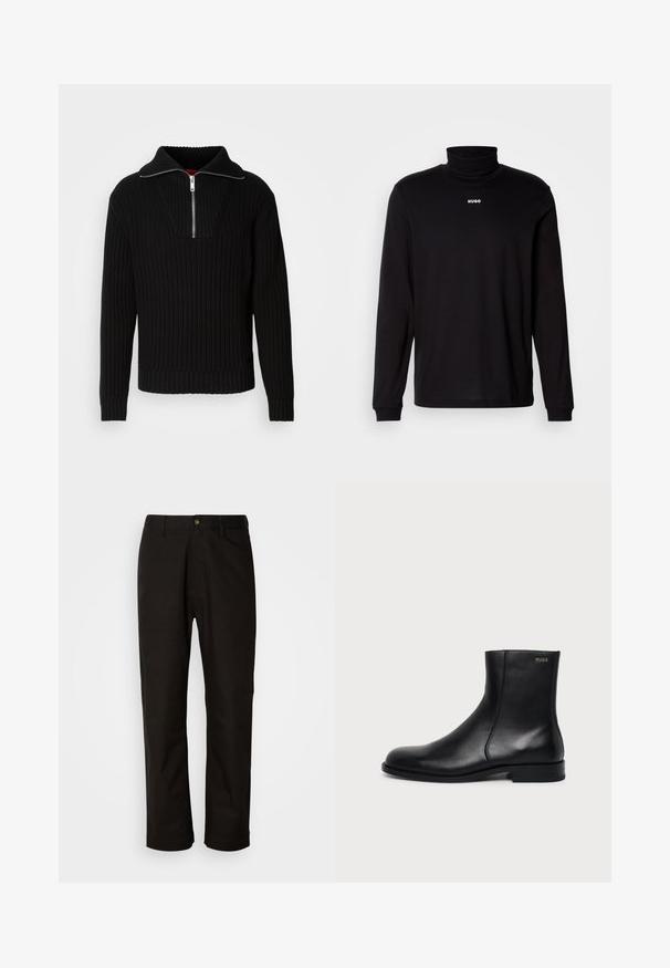 Pull noir à côtes avec un col haut et une fermeture éclair courte. Présente un tissu texturé et des poignets ajustés, offrant une silhouette structurée.; T-shirt à col roulé noir à manches longues en tissu lisse, avec un logo "HUGO" blanc sur la poitrine, doté de poignets et d'un ourlet ajustés.; Pantalon en coton noir avec une coupe droite, des passants de ceinture, une fermeture éclair à l'avant et un seul bouton. Texture lisse sans motifs visibles.; Bottine en cuir noir à talon bas, couture latérale et petit logo "HUGO" sur le revers supérieur sur un fond uni.