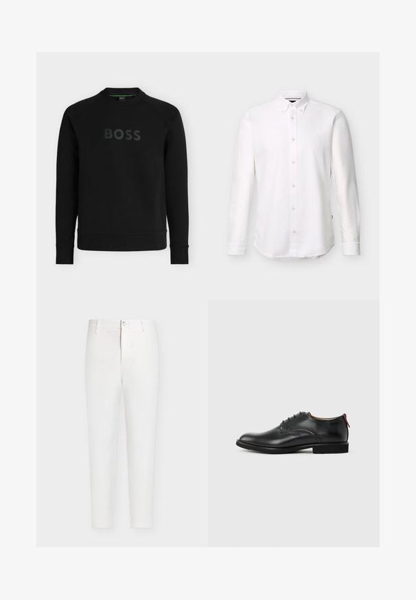 Sweatshirt noir à col rond, manches longues, avec le mot BOSS embossé en grandes lettres sur la poitrine. Aucun motif ou graphique visible.; Chemise blanche à manches longues avec col boutonné et petit logo brodé sur la poitrine gauche.; Pantalon blanc taille haute à jambes droites avec passants de ceinture, fermeture par bouton et braguette zippée sur un fond uni gris clair.; Chaussure habillée pour homme en cuir noir, à lacets sur l'avant, avec une languette rouge au talon, sur fond uni.