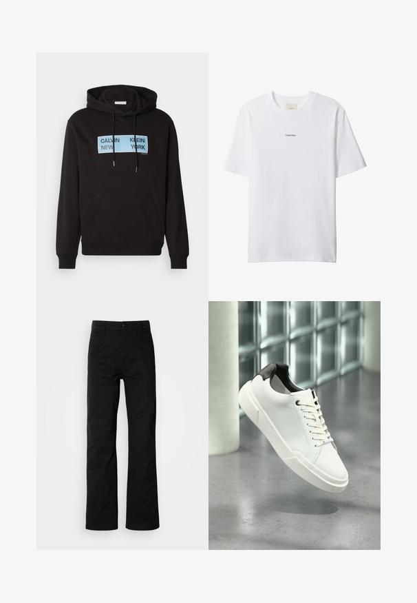 Mustern-hallide must kapuutsiga, millel on ees kangaroo tasku, ja millel on sinine ristkülikukujuline graafika, millel on mustade paksude tähemärkidega trükitud "CALVIN KLEIN NEW YORK".; Valge puuvillane t-särk ümmarguse kaeluse ja lühikeste varrukatega. Rinnal on keskel väike must "Calvin Klein" logo.; Mustad puuvillased püksid sirge jala lõikega, varustatud nööpkinni ja vöökonksudega. Sile tekstuur ja minimalistlik stiil ilma nähtavate mustriteta.; Valge madala profiliga toss musta tekstuuriga kontsafiksaatori, valgete paelte ja paksu taldaga, mis seisab poleeritud betoonpõrandal klaasblokite lähedal.