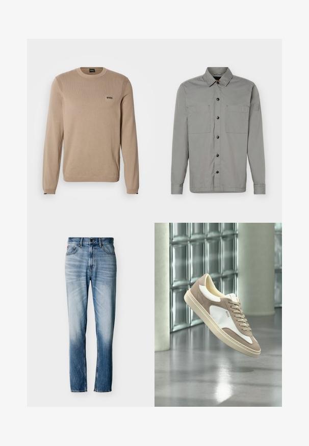 Pull en maille beige à manches longues, col rond, détails côtelés et petit logo noir « BOSS » sur la poitrine. Texture douce, coupe classique.; Chemise grise à manches longues avec boutons, deux poches poitrine, col pointu et patch logo sur la partie supérieure gauche de la manche.; Jean bleu délavé à coupe droite avec cinq poches, fermeture par bouton et passants pour ceinture, présenté à plat sur fond blanc.; Baskets en suède beige et blanc avec lacets et logo « BOSS », flottant au-dessus d’un sol en béton poli avec des murs en blocs de verre en arrière-plan.