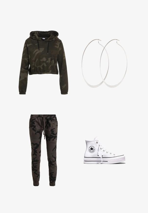 Sudadera corta en un camuflaje oscuro, con capucha ajustable, mangas largas y dobladillo elástico. Fabricada con un tejido suave y texturizado.; Joggers de camuflaje en gris oscuro y negro, hechos de una suave mezcla de algodón. Presentan una cinta elástica en la cintura con cordón, bolsillos laterales y puños ajustados.; Zapatilla Converse Chuck Taylor All Star blanca de caña alta con rayas negras y parche de logo en el lateral, mostrada sobre un fondo blanco liso.; Pendientes de aro plateados con un diseño delgado y suave; forma ovalada alargada; acabado pulido; presentan un cierre de gancho seguro.