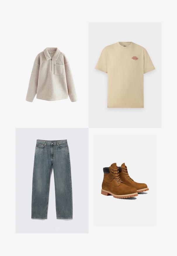 Pull en polaire beige avec une texture confortable, fermeture éclair demi-longue à l'avant, col et poche sur la poitrine gauche. Présente une coupe décontractée et des manches longues.; T-shirt beige à manches courtes avec col rond, petit logo rouge "Dickies" sur la poitrine gauche.; Jean en denim bleu à jambes droites avec poches avant et arrière, passants pour ceinture, et fermeture par bouton, présenté à plat sur fond blanc.; Bottines en daim marron avec un col rembourré noir, œillets dorés et semelle en caoutchouc épais avec un motif à crampons pour l'adhérence.