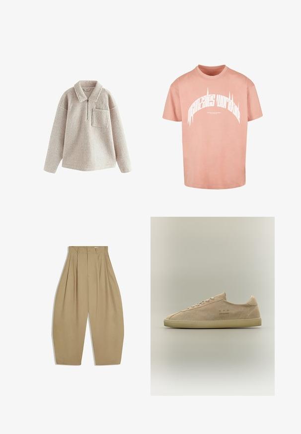 Pull en polaire beige avec une texture confortable, fermeture éclair demi-longue à l'avant, col et poche sur la poitrine gauche. Présente une coupe décontractée et des manches longues.; T-shirt en coton rose clair avec une coupe décontractée, présentant un texte graphique blanc en forme d'arc sur le devant. Col rond et manches courtes.; Pantalon beige taille haute à jambes larges avec plis sur le devant, fermeture éclair, bouton et passants pour ceinture.; Baskets basses en daim beige avec semelle en caoutchouc beige, fermeture à lacets et marquage subtil "C.P. Company" sur le côté.