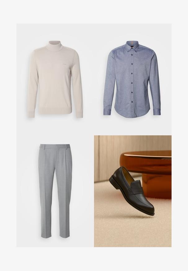 Lys beige turtleneck sweater lavet af blødt stof. Har ribbede manchetter og kant, med et diskret logo på brystet. Klassisk design.; Blå skjorte med knapper i et let stof. Har en spredt krave, lange ærmer og et lille logo på brystet. Frontlukning med knapper.; Grå skræddersyede bukser med en glat tekstur, som har en flad front, lige ben og diskrete folder for ekstra detalje.; Sort læder loafers med lav hæl svævende over beige tæppe ved rundt brunt bord.