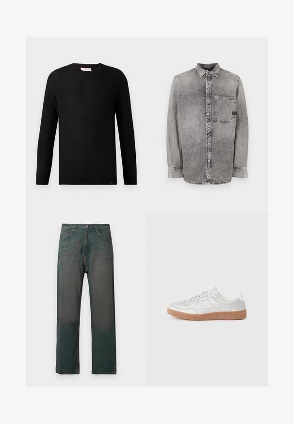 Suéter de punto negro con mangas largas y cuello redondo. Textura sutil y un pequeño detalle del logotipo en el pecho. Diseño clásico y versátil.; Camisa de mezclilla gris, de botones, de manga larga, con tejido de peso medio, un bolsillo en el pecho, acabado desgastado con botones en contraste, cuello clásico.; Vaqueros de mezclilla verde oscuro con corte de pierna recta, que presentan un diseño clásico de cinco bolsillos y costuras de contraste a lo largo de las costuras.; Zapatillas plateadas con una textura suave, diseño de cordones, acentos perforados y una suela de goma marrón texturizada.