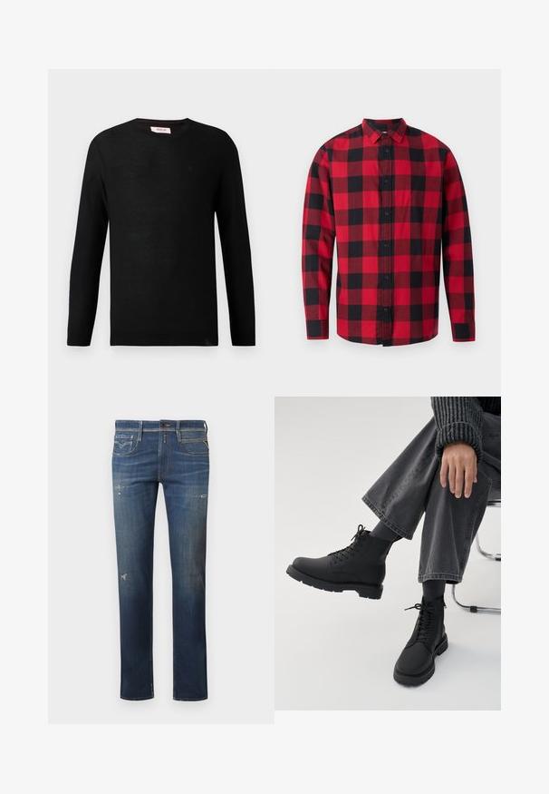 Suéter de punto negro con mangas largas y cuello redondo. Textura sutil y un pequeño detalle del logotipo en el pecho. Diseño clásico y versátil.; Camisa de franela a cuadros en rojo y negro con cierre de botones en la parte delantera, mangas largas y cuello. Presenta un clásico patrón de cuadro.; Jeans de mezclilla azul oscuro con pierna recta, que presentan áreas desgastadas, un ligero desvanecimiento y un diseño tradicional de cinco bolsillos con cierre de botón.; Persona sentada con las piernas cruzadas con botas negras con cordones, calcetines oscuros, pantalones grises de pierna ancha y un suéter oscuro con textura acanalada sobre fondo blanco.