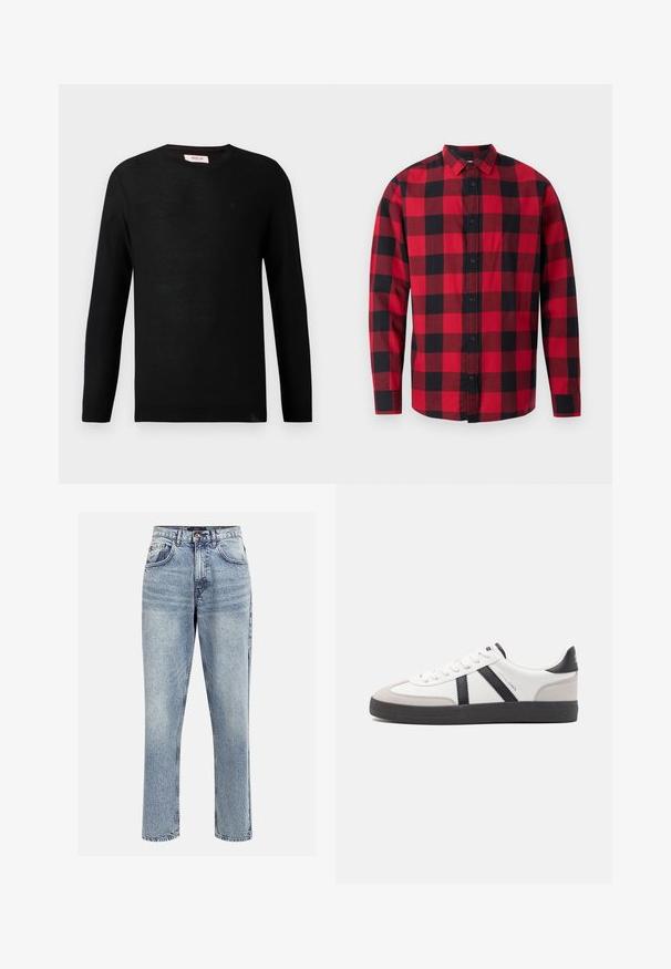 Suéter de punto negro con mangas largas y cuello redondo. Textura sutil y un pequeño detalle del logotipo en el pecho. Diseño clásico y versátil.; Camisa de franela a cuadros en rojo y negro con cierre de botones en la parte delantera, mangas largas y cuello. Presenta un clásico patrón de cuadro.; Jeans de mezclilla de tiro alto en azul claro con un corte recto, cinco bolsillos y cierre de botón. Presentan un desgastado sutil y detalles de costura.; Zapatilla blanca con acentos en negro y gris, que presenta una puntera texturizada en gris, suela de goma negra y cordones planos blancos. Diseño limpio, estilo minimalista.