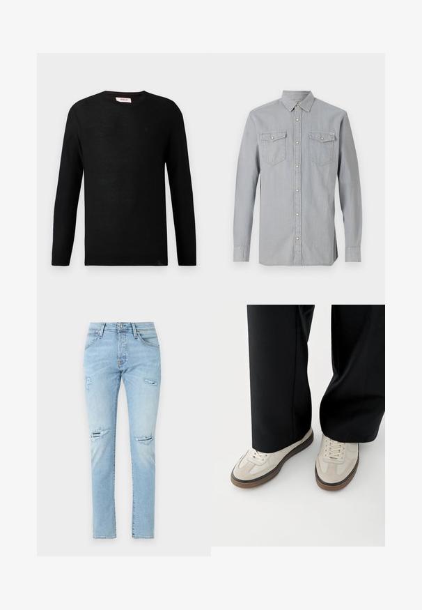 Pull en maille noir à manches longues et col rond. Texture subtile et un petit logo sur la poitrine. Design classique et polyvalent.; Chemise en jean gris clair à manches longues, boutonnée sur le devant, avec deux poches poitrine à rabats et boutons, et un col pointu.; Jean en denim bleu clair à coupe slim, avec des détails usés aux genoux et un design classique à cinq poches.; Pieds portant des baskets beige avec des semelles marron et un pantalon noir à jambes larges sur fond blanc.