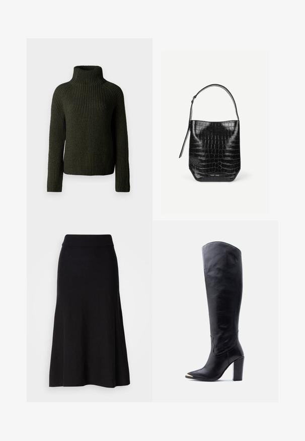 Pull à col roulé côtelé vert foncé avec des manches longues et une coupe décontractée. Fabriqué en matière tricotée texturée, offrant chaleur et confort.; Jupe évasée en tricot noir avec une large taille, longueur midi, texture lisse et sans motifs ni détails métalliques visibles.; Botte noire en cuir montant jusqu'au genou, à bout pointu, embout en métal doré et talon haut bloc sur fond blanc.; Sac seau en cuir embossé noir façon croco avec une seule bandoulière et un petit logo argenté de la marque au centre en bas à l'avant.