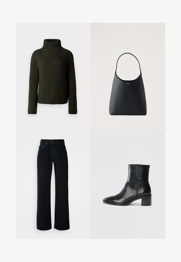 Pull à col roulé côtelé vert foncé avec des manches longues et une coupe décontractée. Fabriqué en matière tricotée texturée, offrant chaleur et confort.; Jean noir à jambes larges en denim de coton. Dispose d'une fermeture à bouton sur le devant, de passants pour ceinture et d'un design à cinq poches avec des coutures discrètes.; Bottine en cuir noir avec un bout pointu, un petit talon bloc et un logo en relief discret. Texture lisse avec un design élégant et un minimum de coutures.; Sac à main en cuir noir avec une seule poignée courbée, texture lisse et un logo discret à l'avant. Design minimaliste et intérieur spacieux.