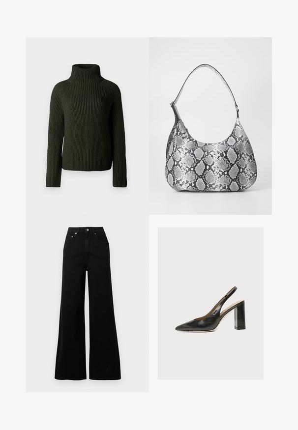 Mørkegrøn ribbet turtleneck sweater med lange ærmer og en afslappet pasform. Fremstillet af tekstureret strikmateriale, der tilbyder varme og komfort.; Sorte jeans med vide ben lavet af denim, med høj talje, fem lommer, knaplukning foran og minimal syning.; Sort læder kvindesko med slingback, spids tå og tyk blokhøj hæl på hvid baggrund.; Sort-hvid slangemønster skuldertaske med en rund form, glat tekstur og en buet rem. Har et sølvfarvet hardware-accents.