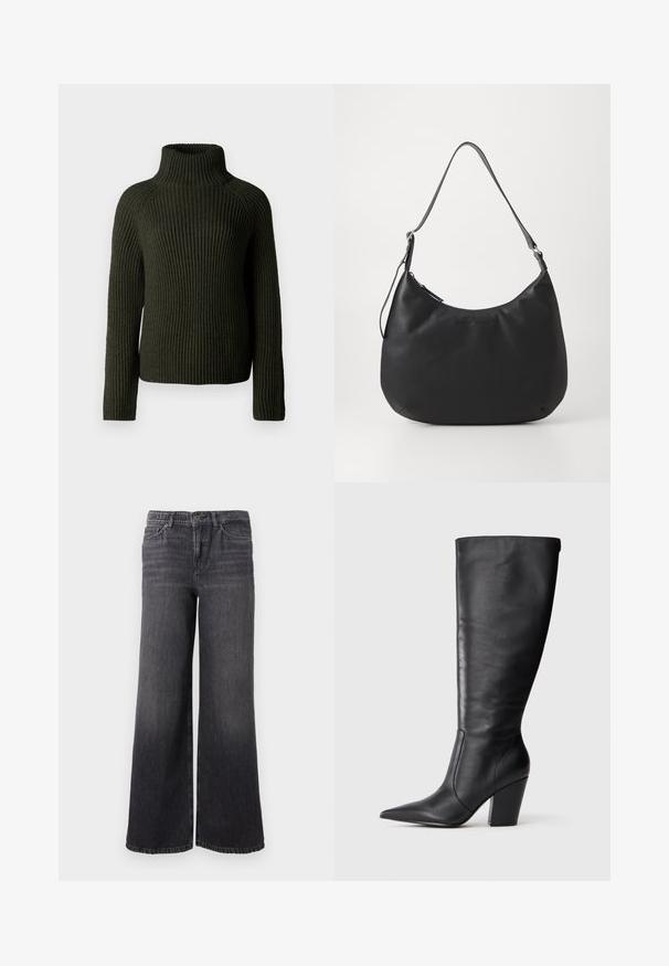 Pull à col roulé côtelé vert foncé avec des manches longues et une coupe décontractée. Fabriqué en matière tricotée texturée, offrant chaleur et confort.; Jean en denim gris foncé à jambe large avec un dégradé subtil, doté d'une fermeture à bouton, de cinq poches et d'un ourlet droit au niveau de la cheville.; Botte en cuir noire à hauteur de genou avec bout pointu et talon large, présentée en profil latéral gauche sur fond blanc.; Sac hobo noir en matériau lisse et durable. Comprend une seule sangle réglable et un logo embossé subtil à l'avant.