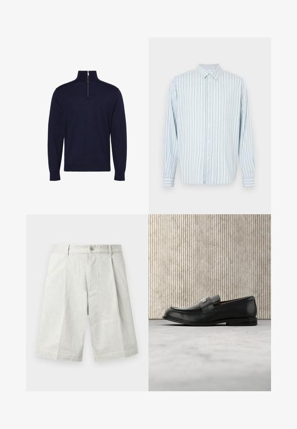 Mørkeblå langærmet sweater med høj krave og en halvlukning med lynlås foran i midten, med lille broderet logo på brystet.; Lyseblå langærmet skjorte med knapper, med smalle lodrette sorte og hvide striber og en spids krave, vist på en hvid baggrund.; Lysegrå shorts lavet af tekstureret stof med knaplukning, plisseringer og lige snit, velegnet til afslappet brug.; Sort læderloafer med metalbrandskilt hvilende nær et brunt rundt bord på beige tæppe.