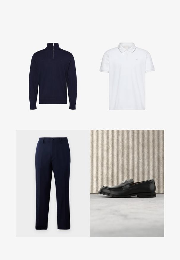 Mørkeblå langærmet sweater med høj krave og en halvlukning med lynlås foran i midten, med lille broderet logo på brystet.; Hvid kortærmet polo med to-knaps lukning, grå kant på krave og ærmekanter samt lille "ck" logo broderet på brystet.; Marinebukser lavet af glat stof, der har et klassisk lige ben-design, forlommer og en knaplukning i livet.; Sort læderloafer med metalbrandskilt hvilende nær et brunt rundt bord på beige tæppe.