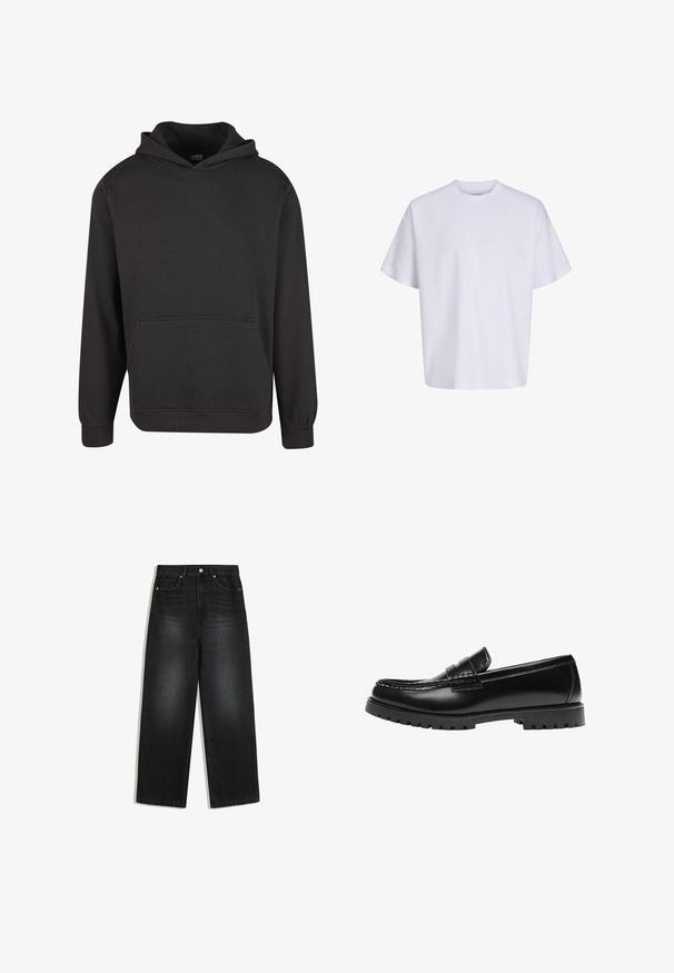Schwarzer Pullover mit Kapuze aus weichem Stoff, ausgestattet mit einer Kängurutasche vorne, breiten Bündchen und einer legeren Passform. Ohne Grafiken oder Muster.; Schlichtes weißes oversized T-Shirt mit kurzen Ärmeln, Rundhalsausschnitt und lockerem Sitz vor weißem Hintergrund.; Schwarze Jeans mit hoher Taille und geradem Bein, mit Vordertaschen, Knopfverschluss und dezenten ausgewaschenen Details an Oberschenkeln und Knien.; Schwarzer Leder-Slipper mit dicker Gummisohle und klassischem Penny-Detail an der Riemen, von der Außenseite gezeigt.