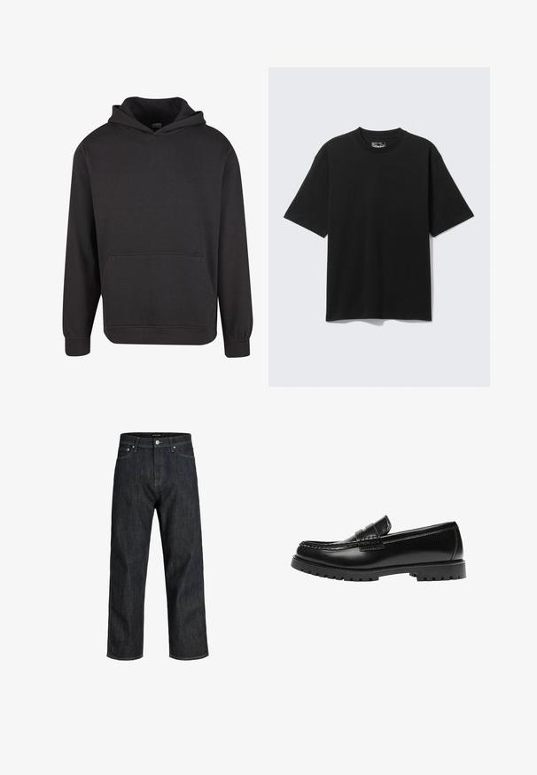 Schwarzer Pullover mit Kapuze aus weichem Stoff, ausgestattet mit einer Kängurutasche vorne, breiten Bündchen und einer legeren Passform. Ohne Grafiken oder Muster.; Schwarzes T-Shirt mit kurzen Ärmeln und lässiger Passform mit Rundhalsausschnitt, flach auf hellgrauem Hintergrund dargestellt.; Dunkelblaue Jeans mit geradem Bein, ausgestattet mit einem Knopfverschluss und minimalen Nähten. Der Stoff hat eine glatte, strukturierte Oberfläche.; Schwarzer Leder-Slipper mit dicker Gummisohle und klassischem Penny-Detail an der Riemen, von der Außenseite gezeigt.