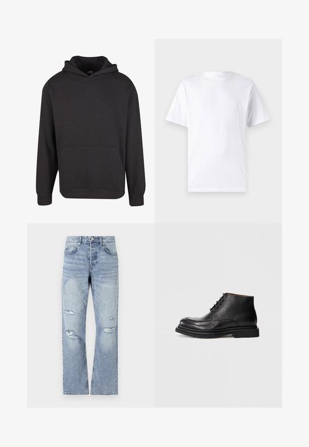 Schwarzer Pullover mit Kapuze aus weichem Stoff, ausgestattet mit einer Kängurutasche vorne, breiten Bündchen und einer legeren Passform. Ohne Grafiken oder Muster.; Weißes kurzärmeliges T-Shirt aus Baumwolle mit Rundhalsausschnitt, das eine glatte Textur und ein einfaches Design ohne Muster oder Akzente aufweist.; Helle blaue Jeans aus Denim mit geradem Bein, ausgestattet mit verwitterten Rissen an den Knien und einem klassischen Fünf-Taschen-Stil.; Schwarze Leder-Stiefelette mit Schnürverschluss, runder Spitze und dicker Gummisohle vor einem schlichten weißen Hintergrund.