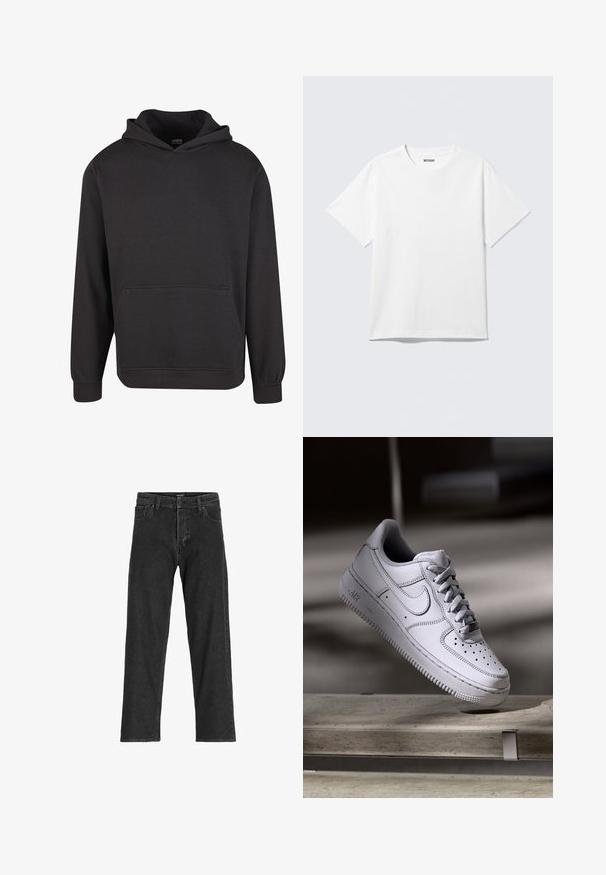 Sweat à capuche noir en tissu doux, doté d'une poche kangourou à l'avant, de larges poignets et d'une coupe décontractée. Sans motifs ni imprimés.; T-shirt blanc à manches courtes et col rond, étalé à plat, design uni, avec l'étiquette "WEEKDAY" à l'intérieur du col sur un fond clair.; Jean en denim noir avec une coupe droite, dotée d'une fermeture éclair, de passants de ceinture et de six poches, confectionnée dans un tissu en coton robuste.; La basket Nike Air Force 1 en cuir blanc présente un embout perforé, des lacets plats et une semelle en caoutchouc texturée avec le logo « AIR » sur le côté.