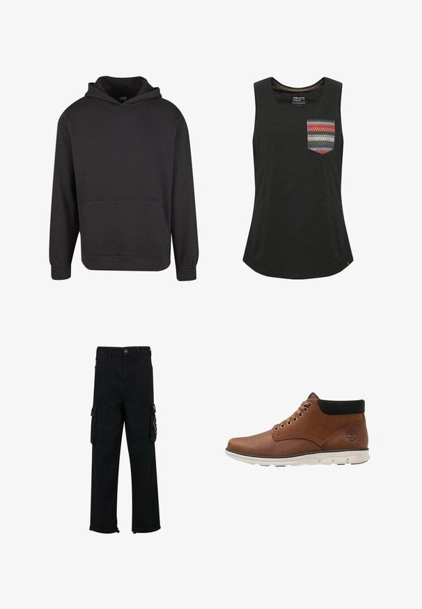 Schwarzer Pullover mit Kapuze aus weichem Stoff, ausgestattet mit einer Kängurutasche vorne, breiten Bündchen und einer legeren Passform. Ohne Grafiken oder Muster.; Schwarzes ärmelloses Tanktop mit einem runden Ausschnitt und einer gemusterten Tasche, die rot, grün und blaue geometrische Designs aufweist. Weicher Stoff.; Schwarze Cargo-Hosen aus robustem Stoff, mit Seitentaschen, lockerer Passform und umgeschlagenen Säumen. Mit einem grafischen Detail auf der Tasche akzentuiert.; Braune Leder-Stiefeletten mit schwarzem elastischem Kragen, metallenen Ösen und weißer gepolsterter Sohle. Mit Logo an der Außenseite.