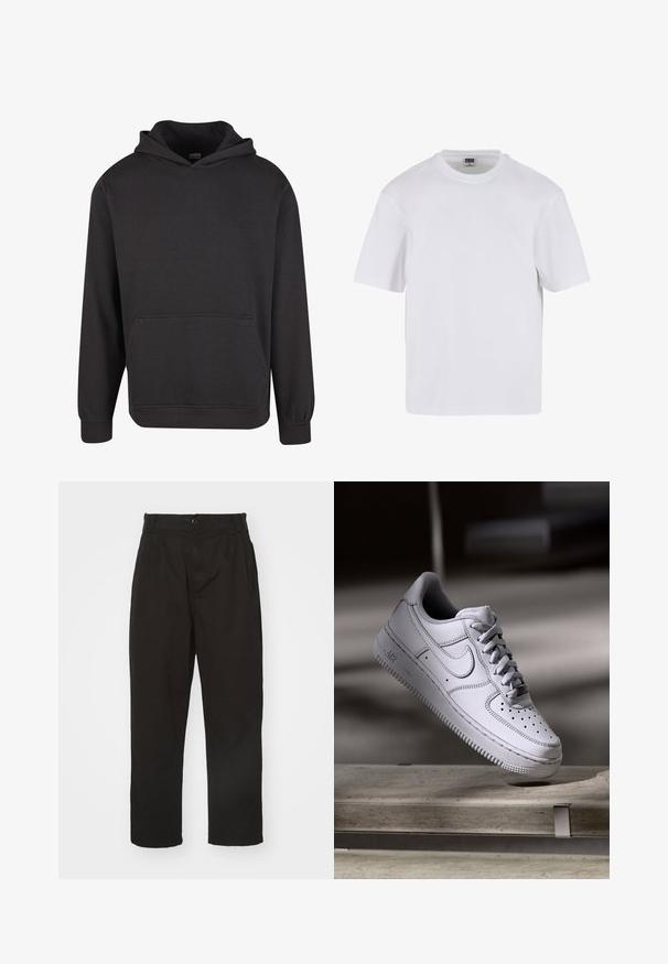 Schwarzer Pullover mit Kapuze aus weichem Stoff, ausgestattet mit einer Kängurutasche vorne, breiten Bündchen und einer legeren Passform. Ohne Grafiken oder Muster.; Weißes T-Shirt mit kurzen Ärmeln aus Baumwolle. Besitzt einen Rundhalsausschnitt und eine lockere Passform. Glatte Textur, minimalistisches Design, ohne Muster oder Akzente.; Schwarze Hose aus glattem Stoff, mit Knopfverschluss, geradem Schnitt und zwei vorderen Falten für zusätzlichen Detail.; Weißer Nike Air Force 1 Sneaker aus Leder mit perforierter Zehenpartie, flachen Schnürsenkeln und strukturierter Gummisohle mit "AIR"-Branding an der Seite.